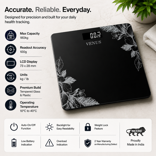 Venus 2001 Series Digital Personal Weighing Scale – Tempered Glass Body Weight Machine with Backlit LCD Display, 180kg Capacity