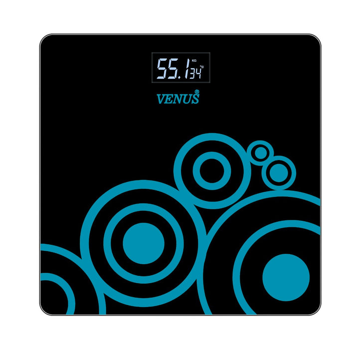 Venus (CE Certified) Electronic Digital Weighing Scale for Body Weight – Bathroom Weight Machine with Glass Top, Step-On Technology, Large LCD Display, High Accuracy, 24 Months Warranty, Black Blue Color