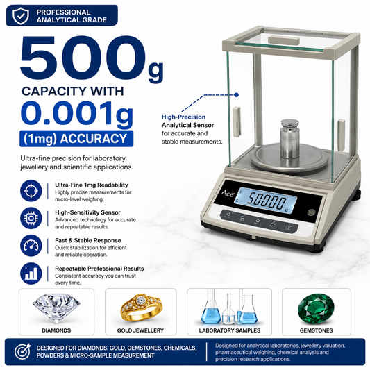 Ace Laboratory /Analytical /Diamond 500g x 0.001g Analytical Precision Balance – Digital Laboratory & Jewellery Scale with 360° Glass Wind Shield (Copy)