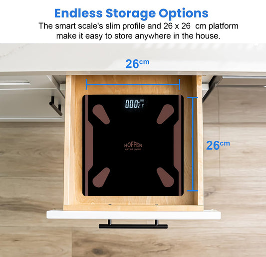 Hoffen Smart Bathroom Scales, High Precision Personal Scales with Large Screen, Connected Scales with 15 Body Measurements, BMI, Heart Rate Sync App, 396lb, Black