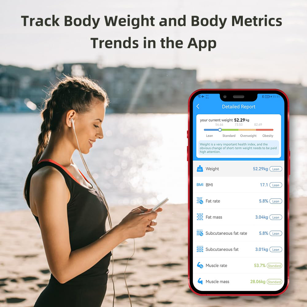 Woman using a smartphone app by a waterfront, with an app interface showing body fat, muscle mass, fat mass, BMI, and other body metrics.