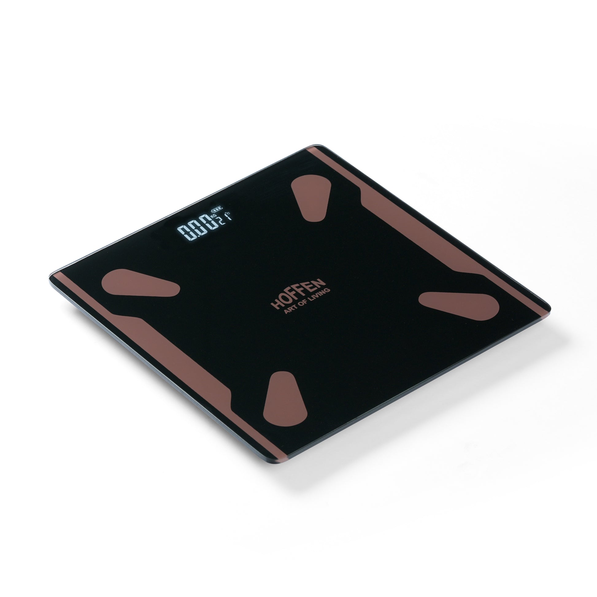 Black digital bathroom scale with brown accents on a white background in different angle