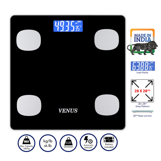 Venus (Made in India) BMI Weight Scale & Body Fat Analyzer with IOS/Android App Sync, 25+ Core Essential Composition Metrics Weighing Machine for Home Health Monitoring (Black)