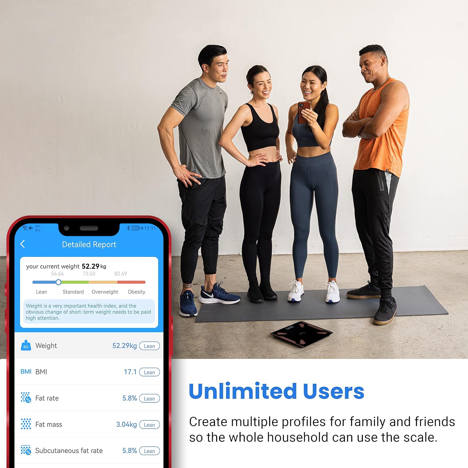 Group of people standing on a scale with a smartphone on corner displaying unlimited user profiles can be created.