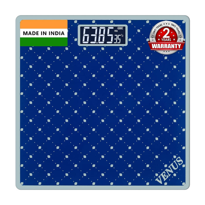 Venus Electronic Digital Weight Machine – Green & Royal Blue Patterned Glass Bathroom Scale, 180kg, Backlit LCD, 2 Year Warranty (EPS-2599)