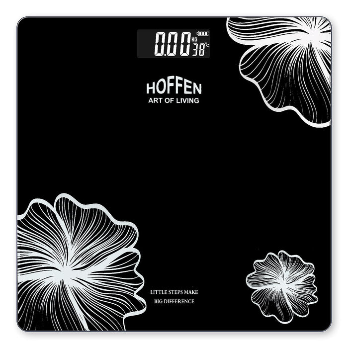 Hoffen India Sleek & Compact Digital Personal Weighing Scale – Black with White Floral Design, Battery Included, 2 Year Warranty