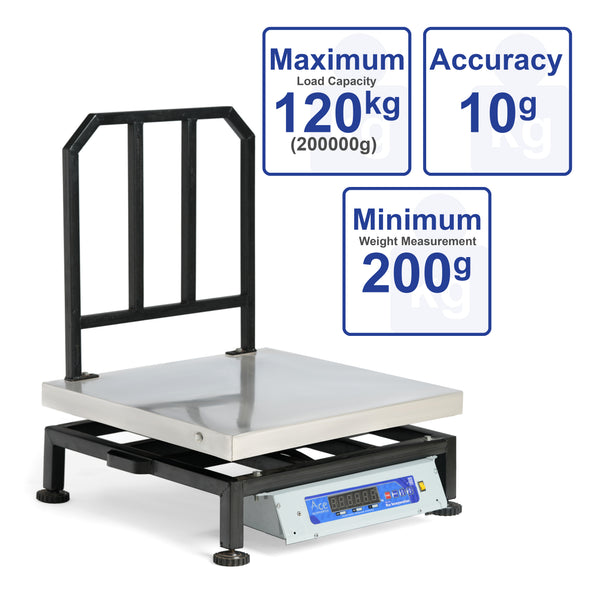 Ace 120kg Weight Capacity 10g accuracy Digital Weighing machine for Retail Shop, Industry and Factory with Stainless Steel Platform size 400x400mm (16 x 16 inches) with Green LED Double Display