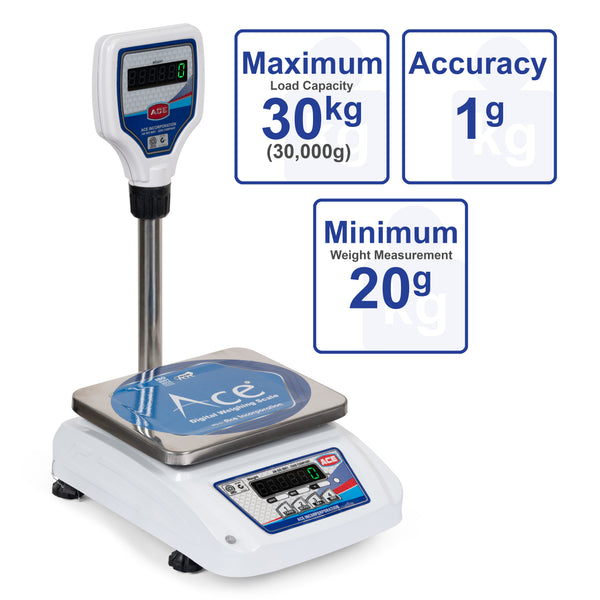 Ace Commercial Weighing Scale 30kg x 1g with Pole Green Display | Small Size Pan 7×9 inch | Ideal for 5-10kg Weighing in Shops | Digital Weight Machine with Calibration Certificate
