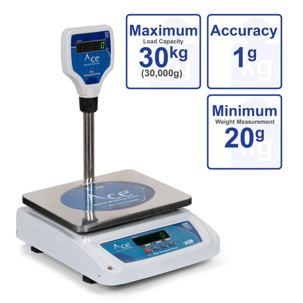 Ace Weight capacity 30kg x 1g Digital Weighing Machine / Weighing Scale with Front and Pole Double Display (Green), With Stainless Steel Pan size 10×12 inches, 240x300mm for Shop, Kitchen and Commercial Purposes