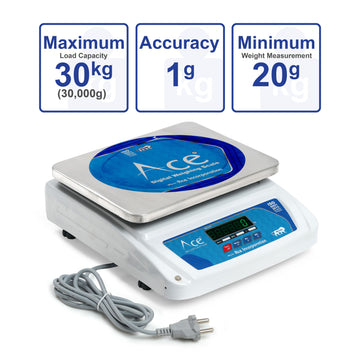Ace Large Weight Capacity 30kg x 1g Digital Weighing Machine / Weighing Scale with Front and Back Double Display for Kirana Shop, Kitchen and Commercial Purposes (10×12 inches, Silver)
