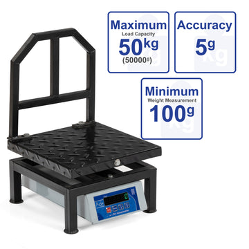 ACE Weight Capacity 50kg x 10g Accuracy, Portable/ Mobile Electronic Weighing Scale with Front Back Double Red Display & Detachable Handle, Mild Steel Platform Pan,12×12″ for all Commercial Uses