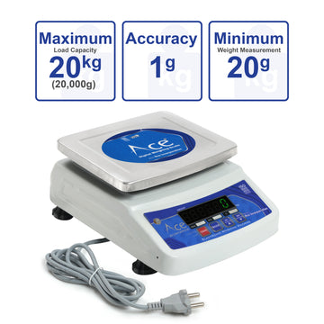 ACE 20kg Dual LED Digital Weighing Scale for Shops & Kitchens – Green Backlit Display, Tare & 2-Day Battery Backup