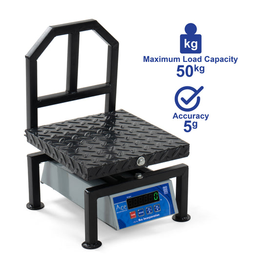 Ace Weight Capacity 50kg x 10g Accuracy, Chargeable Digital Weighing Machine/Electronic Weighing Scale with Front Back Double Green Display, Heavy-Duty Mild steel Chequered Pan size 10×10″