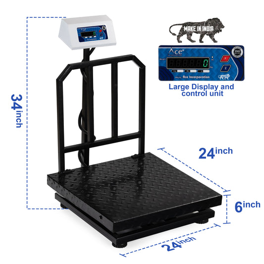 ऐस इलेक्ट्रॉनिक डिजिटल प्लेटफॉर्म वेइंग स्केल 600x600mm हैवी-ड्यूटी माइल्ड स्टील | 300kg क्षमता, 50g सटीकता | OIML R76 अनुरूप, दुकान, गोदाम, औद्योगिक उपयोग के लिए आईएसओ प्रमाणित डिजिटल वजन मशीन