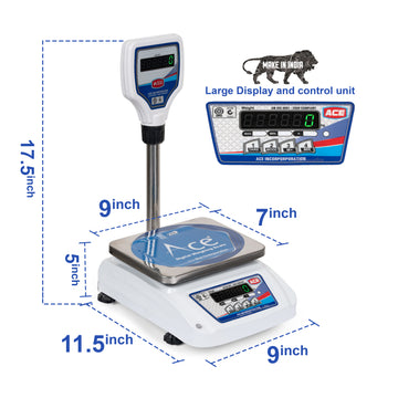 Ace Weight capacity 30kg x 1g Electronic Weighing Machine/Weighing Scale with Front and Pole Double Display (Green), With SS Pan for Shop, Kitchen and Commercial Purposes (7×9 inches, Silver)