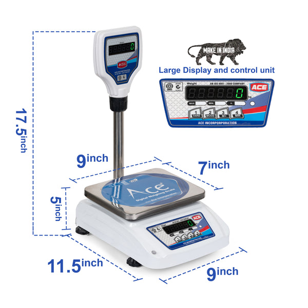 Ace Weight capacity 30kg x 1g Electronic Weighing Machine/Weighing Scale with Front and Pole Double Display (Green), With SS Pan for Shop, Kitchen and Commercial Purposes (7×9 inches, Silver)