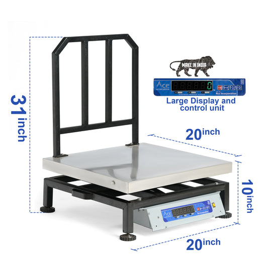 Ace Weight Capacity 200kg x 20g Accuracy, Chargeable Digital Weighing Machine/Electronic Weighing Scale with Front Back Double Green Display, Stainless Steel Pan size 20×20″…