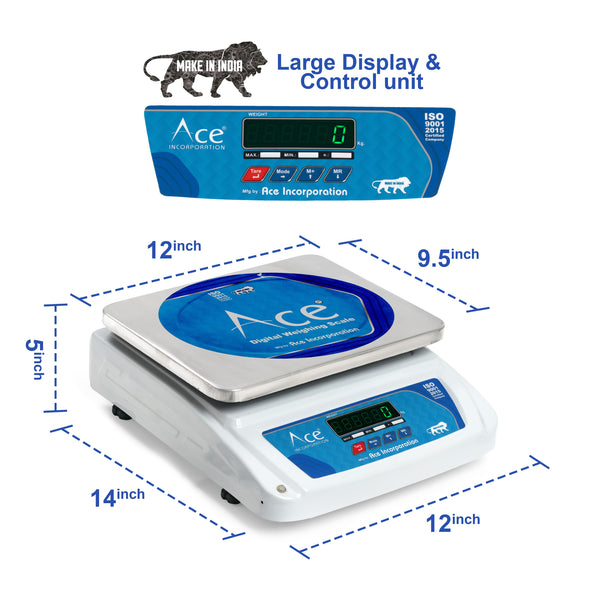 Ace Weight Capacity 30kg x 1g Accuracy, Electronic Chargeable Weighing Machine / Weighing Scale with Front & Back Double Green Display, Stainless Steel Pan, 10x12inches (24x30cm) for Kirana Shop, Kitchens and Factories.