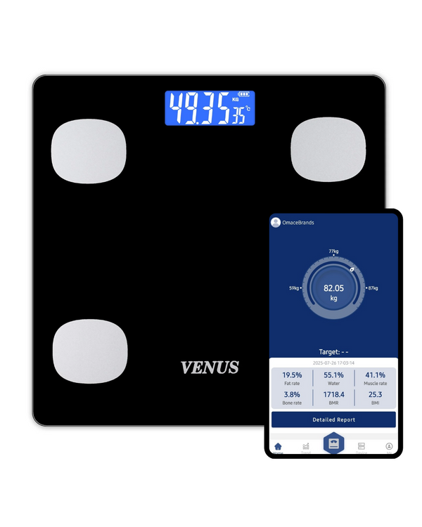 Venus (Made in India) BMI Weight Scale & Body Fat Analyzer with IOS/Android App Sync, 25+ Core Essential Composition Metrics Weighing Machine for Home Health Monitoring (Black)