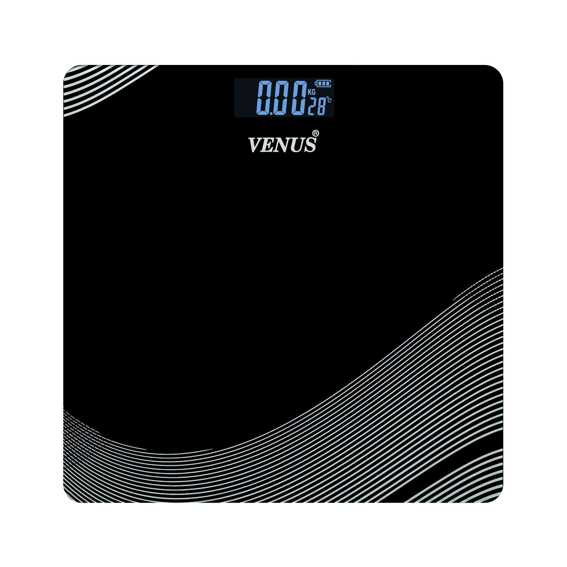 Black digital bathroom scale with 'Venus' branding on a white background