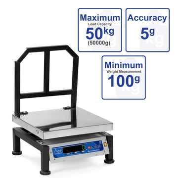 Ace Digital Electronic Weighing Scale Weight Machine for Shop, Commercial and Industrial use Capacity 50 kg Accuracy 5 g (Ss Platform) Chargeable with Front Back Double Green Display, (210 * 210) mm