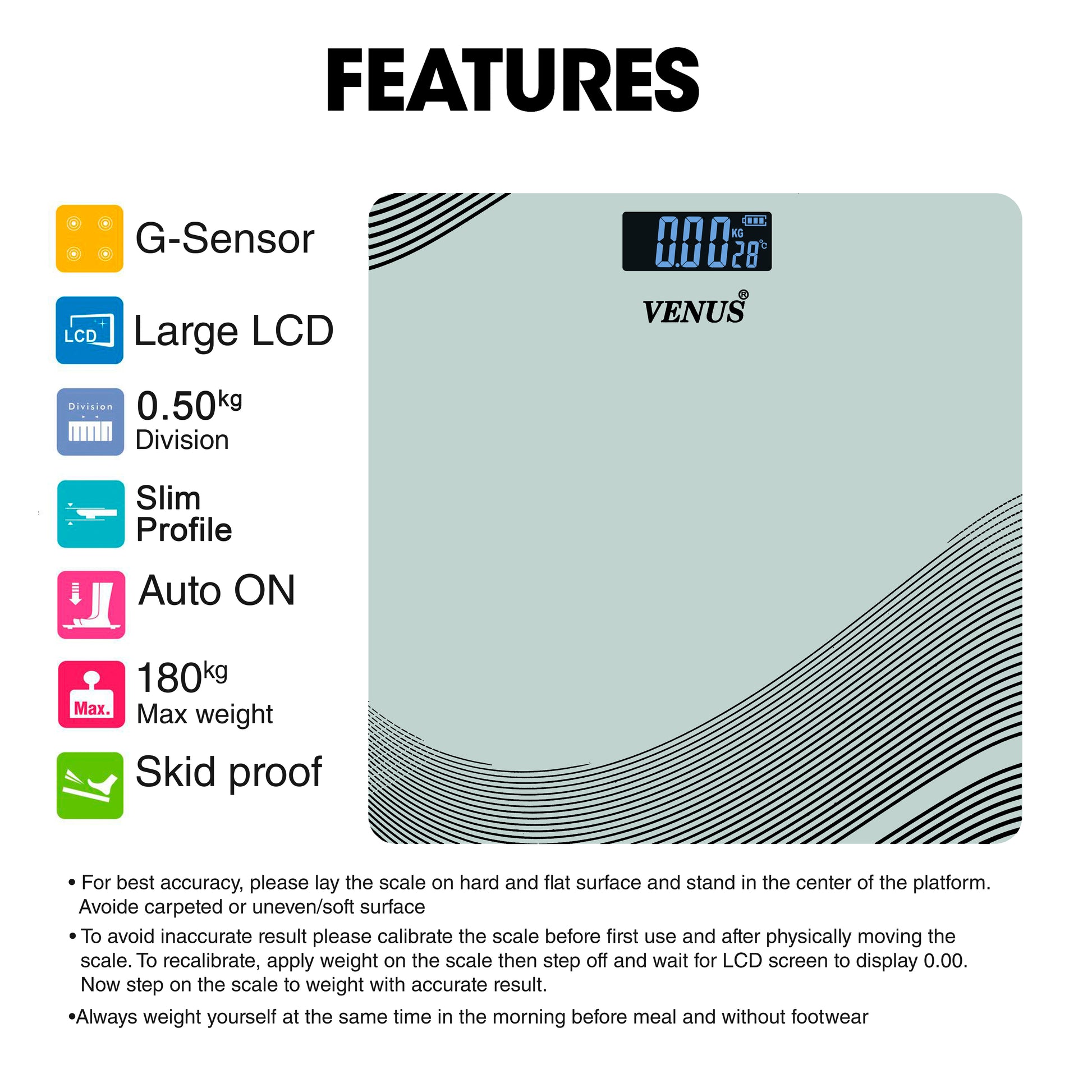 Digital bathroom scale with features listed on a white background