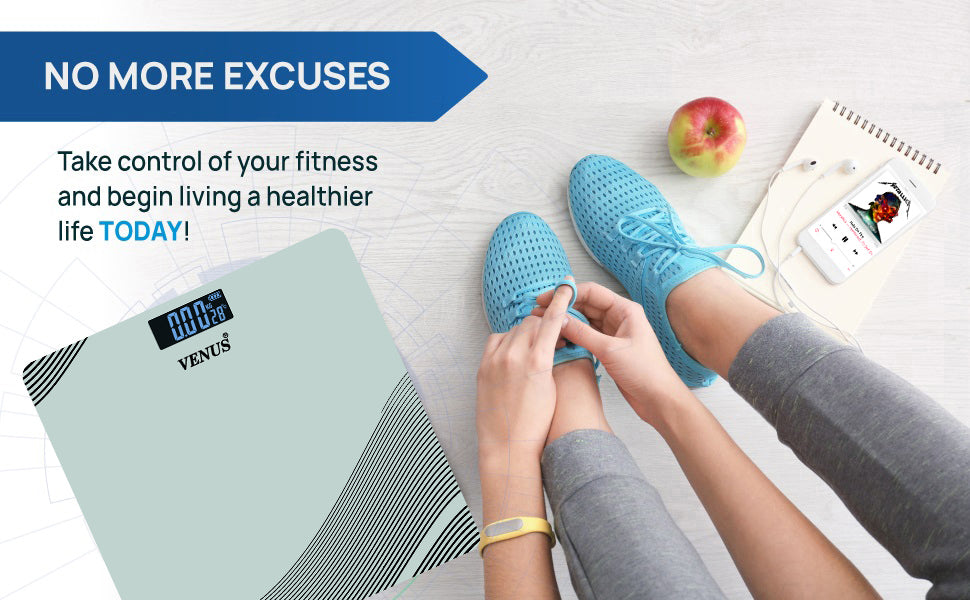 Person putting on blue sneakers next to a digital scale with promotional text about fitness.