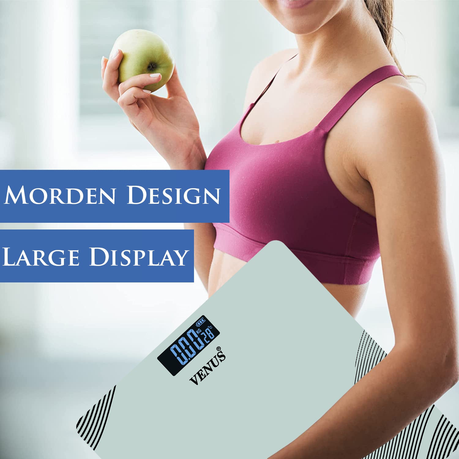 Woman in sports bra holding an apple next to a digital scale with 'Venus' branding.