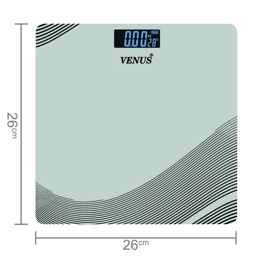 Digital bathroom scale with 'Venus' branding and measurement details on a light blue background