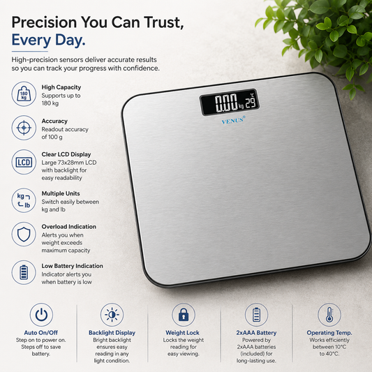 Venus Stainless Steel Smart Digital Personal Bathroom Scale 180kg/396lb Capacity Body Weight machine LCD Display