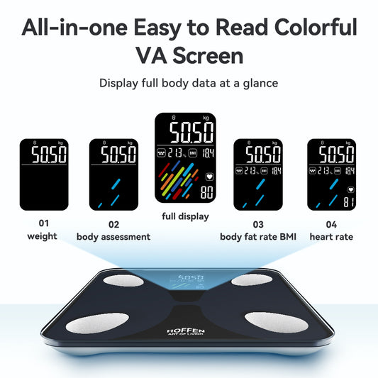 Hoffen Smart Bathroom Scales, High Precision Personal Scales with Large VA Screen, Connected Scales with 15 Body Measurements, BMI, Heart Rate Sync App, 400lb, Black
