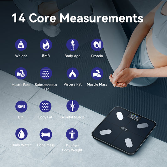 Hoffen 14-in-1 Smart Bathroom Scales with VA Display, High Accuracy Personal Scales, BMI, Heart Rate, Fat Mass Scales, 14 core Measurements, APP Synchronization