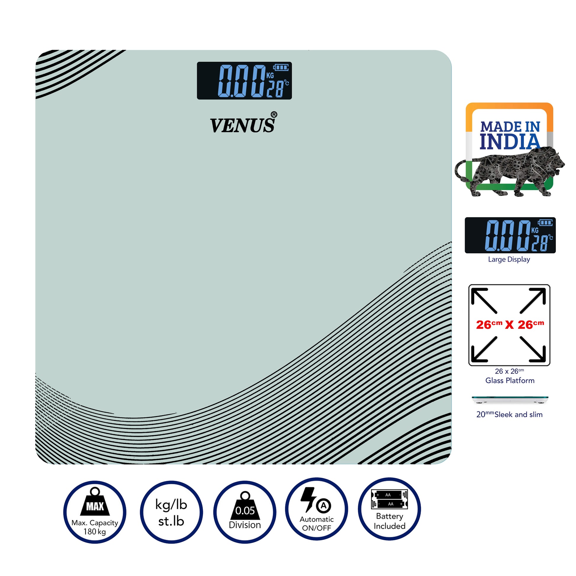 Venus digital bathroom scale with features listed on a white background