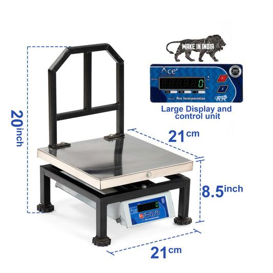 एस डिजिटल इलेक्ट्रॉनिक वेइंग स्केल वज़न मशीन दुकान, वाणिज्यिक और औद्योगिक उपयोग के लिए, क्षमता 50 किलोग्राम, सटीकता 5 ग्राम (एसएस प्लेटफ़ॉर्म), फ्रंट-बैक डबल ग्रीन डिस्प्ले के साथ चार्जेबल, (210 * 210) मिमी