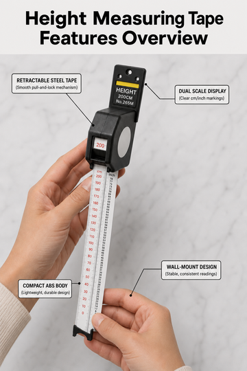 Height measuring tape features - retractable steel tape, dual cm/inch scale, wall-mount design