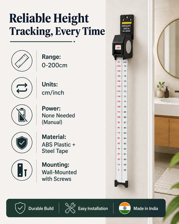 Height measuring tape stature meter specifications - 0-200cm range, cm/inch units, wall-mounted