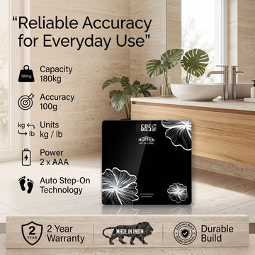 Hoffen digital scale specifications - 180kg capacity, 100g accuracy, kg/lb units, 2 year warranty.