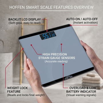 Hoffen HO-18 digital scale features - backlit display, auto on/off, weight lock, strain gauge sensor