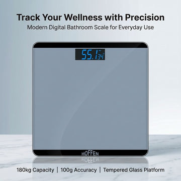 Hoffen HO-18 grey digital bathroom scale with 180kg capacity and tempered glass platform