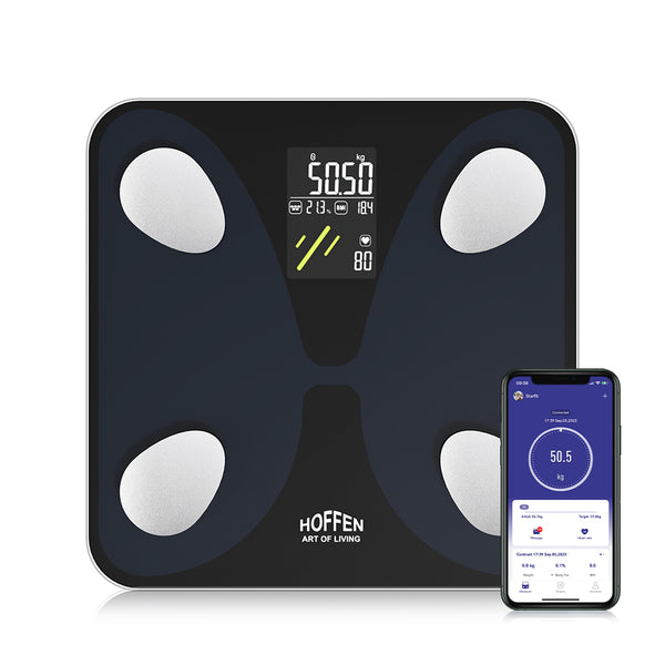 Hoffen Smart Bathroom Scales, High Precision Personal Scales with Large VA Screen, Connected Scales with 15 Body Measurements, BMI, Heart Rate Sync App, 400lb, Black