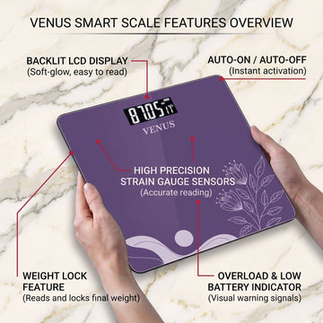 Venus 189A digital scale features - backlit display, auto on/off, weight lock, strain gauge sensor