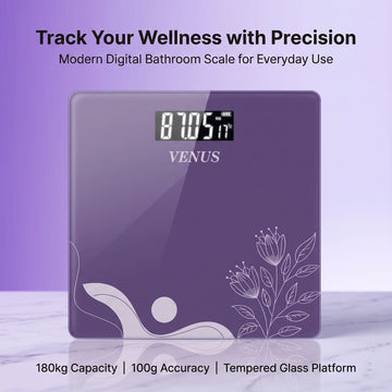 Venus 189A lavender floral digital bathroom scale with 180kg capacity and large tempered glass platform