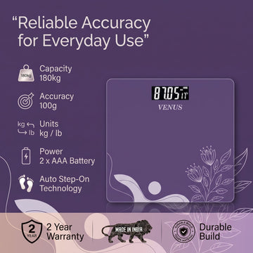 Venus 189A lavender digital scale specifications - 180kg capacity, 100g accuracy, kg/lb units, large platform