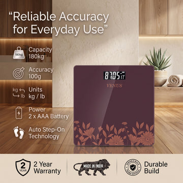 Venus 189B wine floral digital scale specifications - 180kg capacity, 100g accuracy, kg/lb units