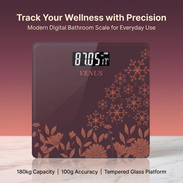 Venus 189B wine floral digital bathroom scale with 180kg capacity and tempered glass platform