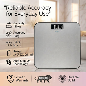 A square Venues digital bathroom scale with a brushed silver metal body and black display, shown on a light beige background with feature callouts and warranty icons.