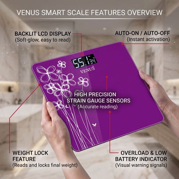 Venus digital scale features - backlit LCD, auto on/off, strain gauge sensor, weight lock