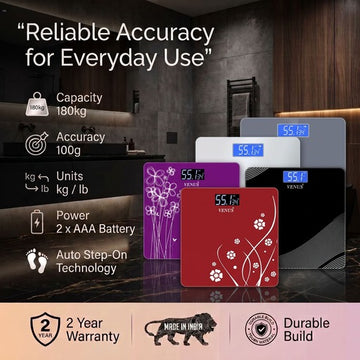 Venus digital scale specifications - 180kg capacity, 100g accuracy, kg/lb units, 2 year warranty