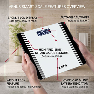 Venus EPS-1199 digital scale features - backlit display, auto on/off, weight lock, strain gauge sensor