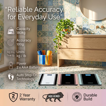 Venus EPS-1199 digital scale specifications - 180kg capacity, 100g accuracy, kg/lb units, white rose gold silver variants